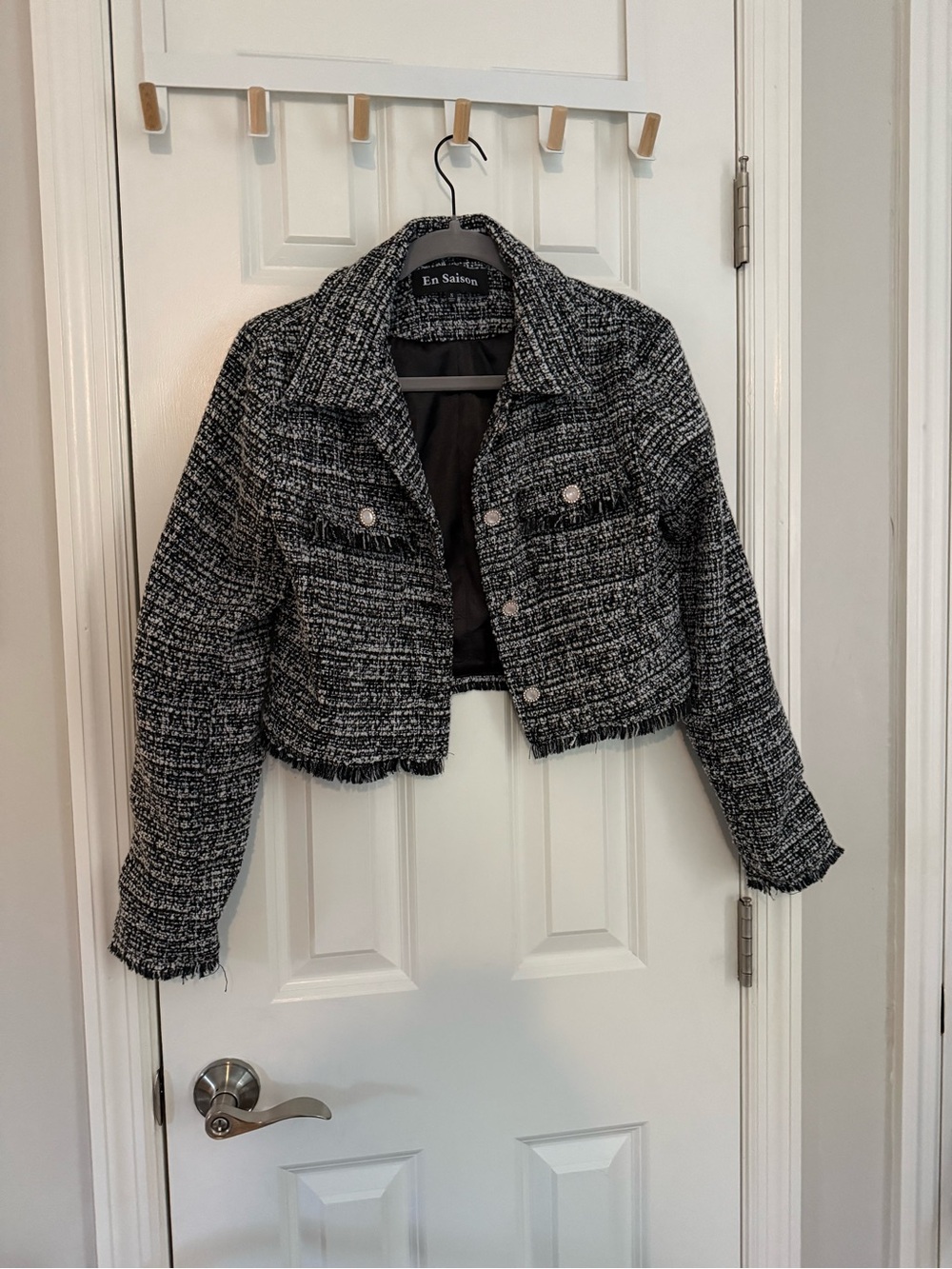 En Saison Black and White Tweed Cropped Blazer with Pearl Buttons